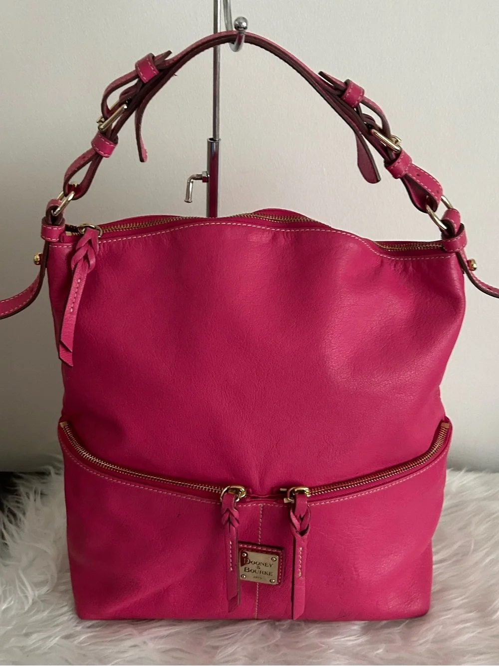 Dooney & Bourke Hot Pink Leather Hobo Shoulder Bag Zip Pocket Gold Hardware